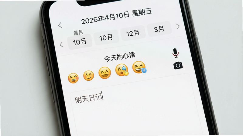 ���壺�ֻ���Ļչʾ�����ռǵı༭���棬������������������Ҳ���һ����˷�ͼ������ͼ�ꡣ���֣����½ṹ���Ϸ�Ϊ����ѡ�������·�Ϊ�༭�����Ű棺��������޳����壬�о����С���񣺼����ˬ����ɫ������ϸ�ڣ�ҳ�涥����ʾ��2026��4��10�� �����塱���м��С���������顱�������ѡ����ʣ��߷ֱ��ʣ��޶���Ԫ�ء�alt=�����ռǱ༭����
