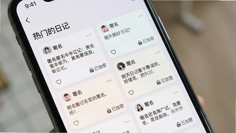 ���壺�ֻ���Ļ��ʾ�����ռǵ������㳡���棬�����С����ŵ��ռǡ���ǩ���·����ж���ռǿ�Ƭ�����֣��ٲ������֣���Ƭ��С��һ���Ű棺��Ƭ����ʾ�û��������������ռ�Ƭ�κ͵����������������Χ�������ɫ��ϸ�ڣ���Ƭ���½��С��Ѽ��ܡ�С��ͼ�꣬��ʾ��˽���������ʣ�ϸ�壬�޶���Ԫ�ء�alt=�����ռ������㳡