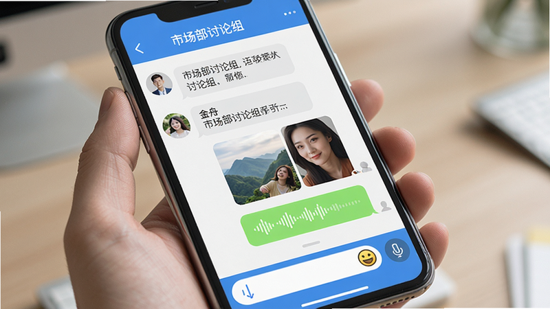 金舟e维聊天界面,手机屏幕显示群聊对话,包含文字消息、图片缩略图、语音条,底部输入框有表情和附件按钮,顶部群名称“市场部讨论组”,蓝色主题,气泡圆角,风格清新,细节丰富,画质高清