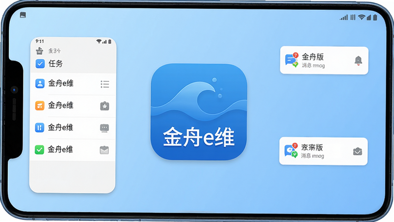 金舟e维安卓版主界面展示,手机屏幕中央显示“金舟e维”应用图标,背景为简洁的商务办公风格,浅蓝色渐变,图标为蓝色波浪形,周围有任务列表、消息通知等元素,布局居中,风格扁平化,细节清晰,画质高清,干净无多余元素