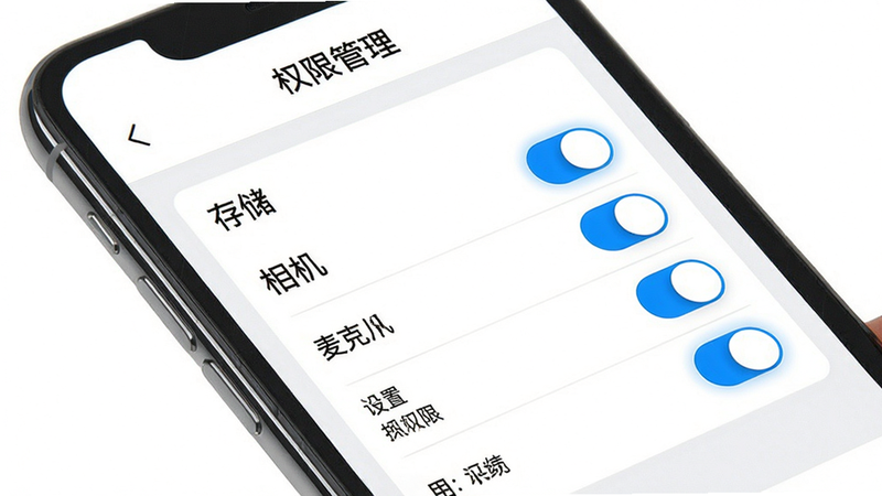 金舟e维使用指南示意图,手机屏幕展示设置权限页面,顶部有“权限管理”标题,下方列出存储、相机、麦克风等开关,蓝色高亮开关状态,背景纯白,布局清晰,画质高清