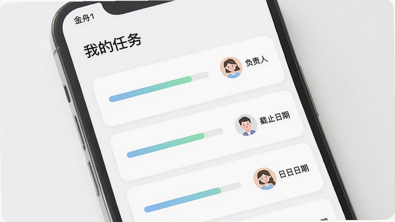 金舟e维任务管理界面,手机上显示任务列表,每个任务有进度条、负责人头像和截止日期,顶部有“我的任务”标题,背景白色,圆角卡片布局,扁平化设计,色彩柔和,画质清晰,无多余元素