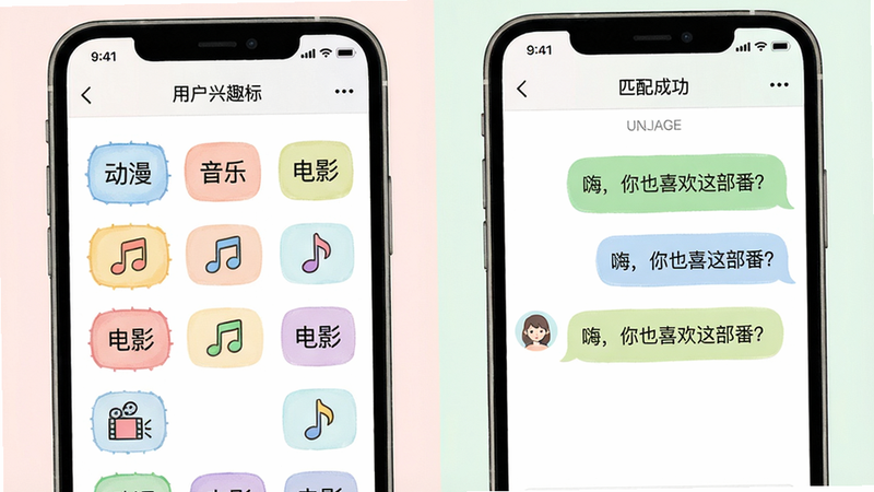 ���壺�����ֻ���Ļ���ţ������ʾ�û���Ȥ��ǩѡ����棬�ұ���ʾƥ��ɹ��������Ի��򣬲��֣����ҶԳ��Ű棬������²廭�磬ɫ����ͣ�ϸ�ڣ���ǩ�С������������֡�����Ӱ���Ȳ�ɫСͼ�꣬�Ի������С��ˣ���Ҳϲ���ⲿ���������������ݣ����ʣ��ɾ�����
