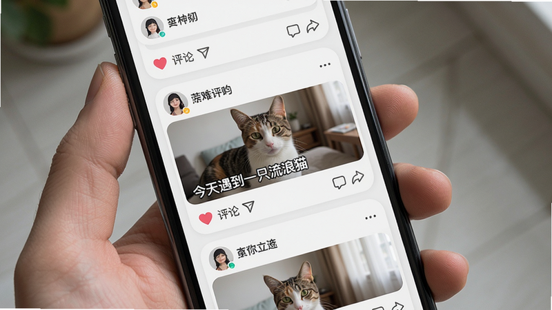 ���壺�ֻ�����չʾ��̬�㳡��Ϣ�������֣��ٲ�����Ƭ���У�ÿ�ſ�Ƭ�����û�ͷ���ǳơ�ͼ�����ݼ�������ť�����Instagram��񣬰�ɫ������Բ�ǿ�Ƭ��ϸ�ڣ���Ƭ����һ��è��ͼƬ��һ�����֡���������һֻ����è�����ײ��а��ĺ������������ʣ�ͨ͸��Ȼ