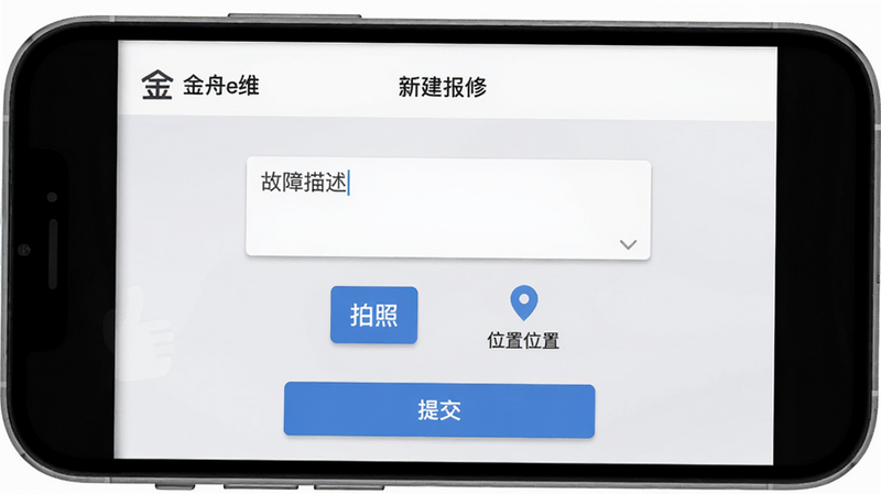 画面主体为“金舟e维”报修界面截图,顶部显示“新建报修”标题,中间有故障描述输入框、拍照按钮和位置定位标识,底部有“提交”按钮,背景为柔和的浅灰色,排版整洁,风格为移动端扁平设计,细节包括清晰图标和阴影,画质干净。