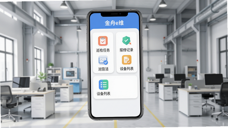 画面主体为一部手机屏幕显示“金舟e维”主界面,背景是干净的工业厂房或办公环境,手机界面清晰展示“巡检任务”“报修记录”“设备列表”等模块,整体布局居中,采用扁平化UI风格,细节包括柔和阴影和圆角图标,画质高清,干净无多余元素。