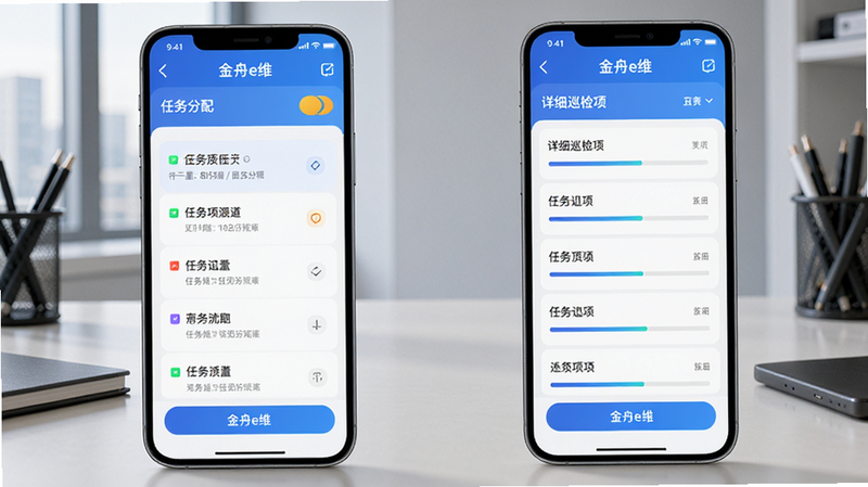 画面主体为两部手机并排展示“金舟e维”的任务分配界面,左侧手机显示任务列表,右侧手机显示详细巡检项,背景为简洁的办公桌,排版左右对称,风格为现代科技感,细节包括高亮按钮和进度条,画质清晰,无多余元素。