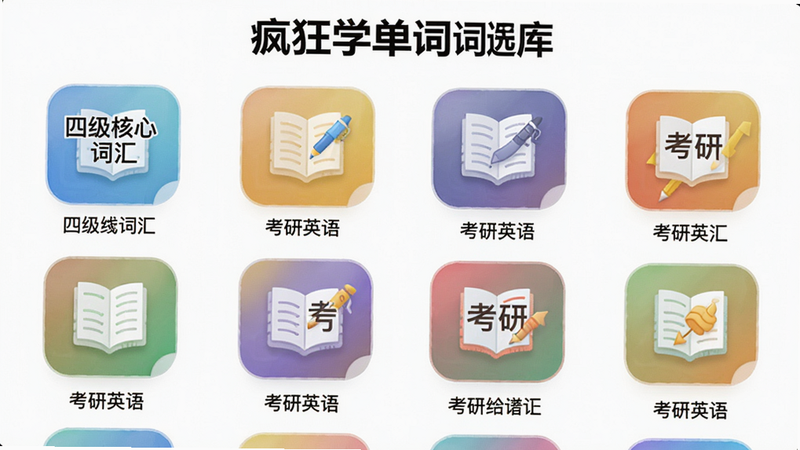 疯狂学单词词库选择界面,展示各种词库列表,如“四级核心词汇”“考研英语”,背景白色,图标彩色,布局整齐,画质高清,文字清晰可见