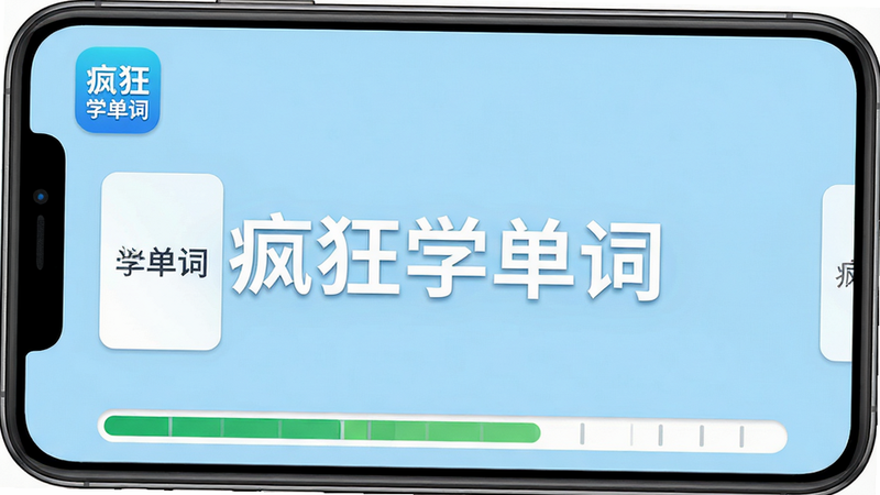 疯狂学单词主界面截图,显示单词卡片和学习进度条,背景为淡蓝色,风格清新简约,App图标在左上角,画面干净,画质高清,文字“疯狂学单词”居中,布局整齐,无多余元素