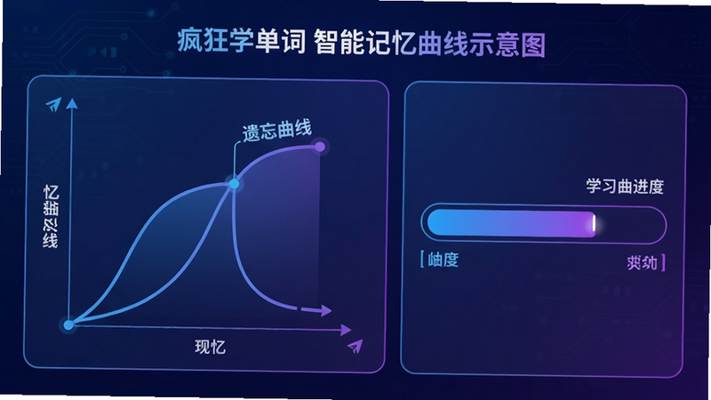 疯狂学单词智能记忆曲线示意图,左侧为记忆曲线图表,右侧为学习进度条,色调采用蓝紫渐变,科技感风格,画面干净,文字标注“遗忘曲线”,画质高清