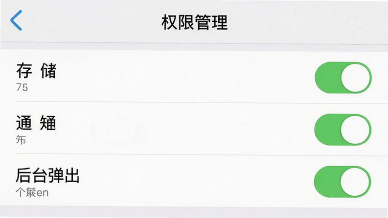 手机截图显示“疯狂学单词”的“权限管理”界面,存储、通知、后台弹出等权限开关清晰可见,背景简洁,画质干净,无多余元素。