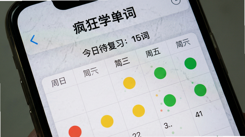 手机屏幕显示“疯狂学单词”的复习日历界面,日历上标有红黄绿三色圆点代表不同熟练度,顶部有“今日待复习:15词”字样,背景是浅灰色纹理,界面简洁,无多余文字,画质清晰。