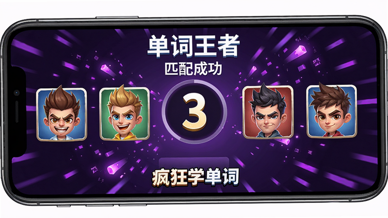 手机界面显示“单词王者”匹配成功,四名卡通头像玩家准备开始,中央倒计时3秒,底部有“疯狂学单词”品牌标识,背景是动态紫色粒子,战斗风格,画质高清。