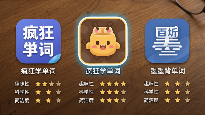 三款背词软件(疯狂学单词、百词斩、墨墨背单词)的图标并排放置,背景为木质桌面,每个图标下方有简单的“趣味性”“科学性”“简洁度”星级评分对比,中间“疯狂学单词”图标高亮,画质清晰,无多余文字。