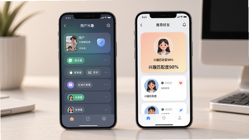 主体:两部手机并排,屏幕显示匹配成功界面,布局:左侧手机显示用户兴趣标签列表,右侧手机显示推荐好友卡片,风格:科技感、友好,细节:卡片上有“兴趣匹配度98%”字样,画质:高清,色彩柔和,干净无多余元素