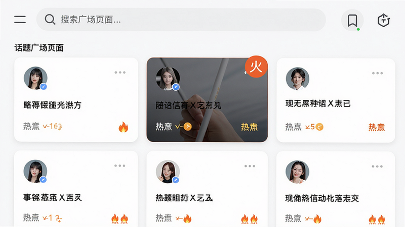 主体:话题广场页面截图,布局:顶部搜索栏,下方卡片式排列多个话题,每个卡片包含头像、标题、热度图标,风格:信息流、清爽,细节:热度最高的卡片带有“火”标,画质:高清,干净