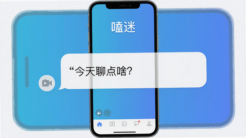 主体:手机屏幕展示嗑迷的主界面,布局:居中显示一个聊天对话框,背景是渐变蓝色,排版:界面顶部有“嗑迷”logo,底部有导航栏,风格:扁平化、简洁清新,细节:对话框内显示“今天聊点啥?”文字,画质:高清,干净,无多余元素