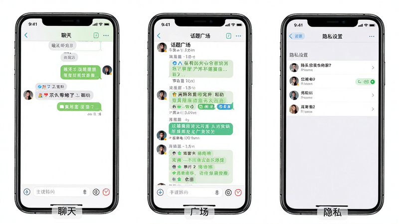 主体:三张手机截图拼接,展示嗑迷的聊天界面、话题广场和隐私设置,布局:从左到右依次排列,排版整齐,风格:真实应用截图风格,细节:每张截图下方有“聊天”、“广场”、“隐私”小标签,画质:高清,干净,无多余元素