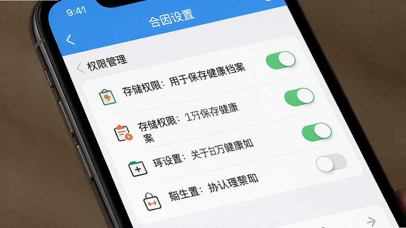 ���壺����APP������ҳ�棬��ʾȨ�޹����б������֣��ֻ���Ļ��ͼ��ʽ���Ű棺�б������У����ϵͳ��UI��ϸ�ڣ�ÿһ��Ȩ�޿�����������˵�����硰�洢Ȩ�ޣ����ڱ��潡�������������ʣ����壬�����޶���Ԫ��