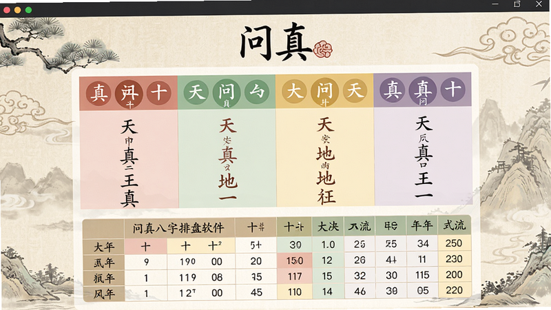 主体:问真八字排盘软件主界面,显示一个完整的八字排盘结果,包含四柱干支、五行、十神、大运流年表格。布局:居中显示,背景为古风纹理,上方有软件名称“问真”logo,下方为排盘数据。排版:清晰有序,数据以表格形式排列,颜色柔和。风格:中国传统文化风格,简约现代。细节:八字四柱用不同颜色区分,天干地支标注清晰。画质:高清,干净,无多余元素。