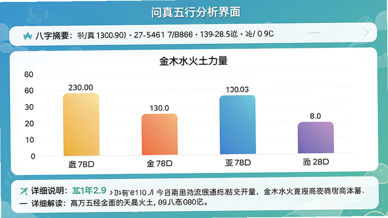 主体:问真五行分析界面,显示一个柱状图对比金木水火土的力量,下方有文字解读。布局:顶部为八字摘要,中部为柱状图,底部为详细说明。排版:图文结合,颜色协调。风格:数据可视化,清新。细节:柱状图有颜色渐变,字体清晰。画质高清。