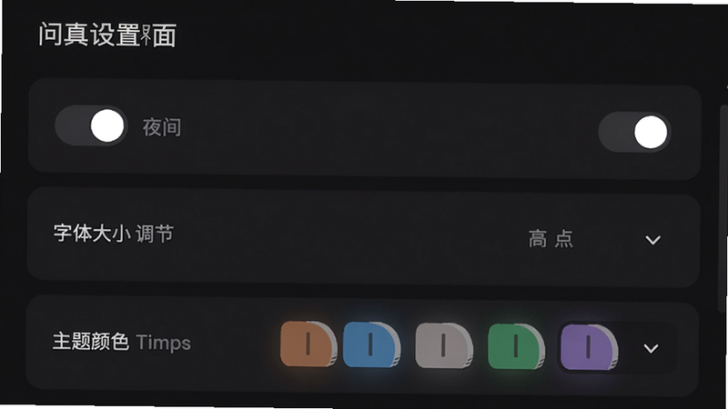 主体:问真设置界面,显示夜间模式开关、字体大小调节、主题颜色选择等选项。布局:列表形式,每个选项带开关或下拉菜单。排版:整齐,间距舒适。风格:简洁现代,深色背景。细节:控件样式统一,画质干净。