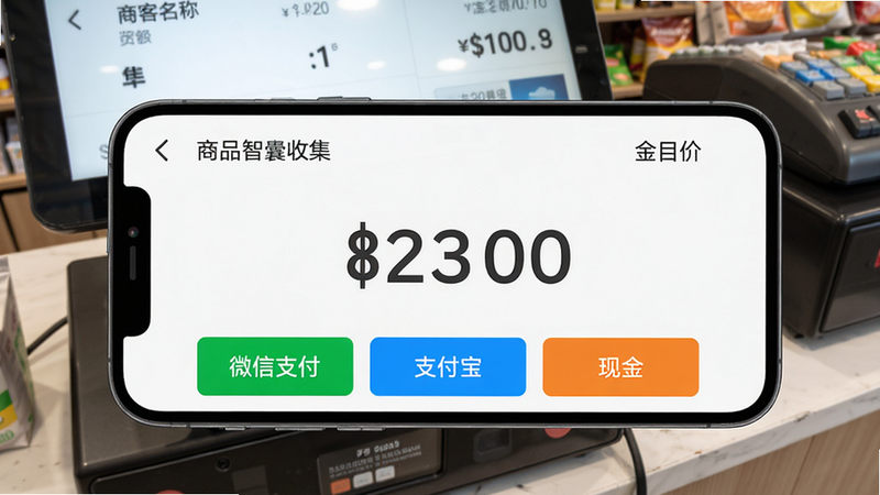 万客智囊收银操作界面,手机横屏,顶部显示商品名称与单价,中间为金额大数字,底部排列“微信支付”、“支付宝”、“现金”按钮,按钮颜色鲜明,背景为收银台实物环境,光线充足,高清拍摄风格