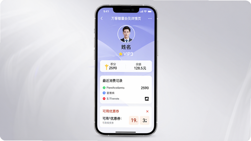 万客智囊会员详情页,手机竖屏,显示会员头像、姓名、等级VIP3、积分2590、余额128.5元,下方列出最近消费记录和可用优惠券,界面卡片式布局,背景淡紫色,柔和光线,画面干净