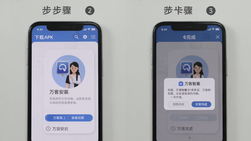 万客智囊安装教程截图,展示手机下载APK、点击安装、权限弹窗、完成界面四步流程,顶部有步骤编号,手机模型居中,背景浅灰色,简洁清晰,画质细腻