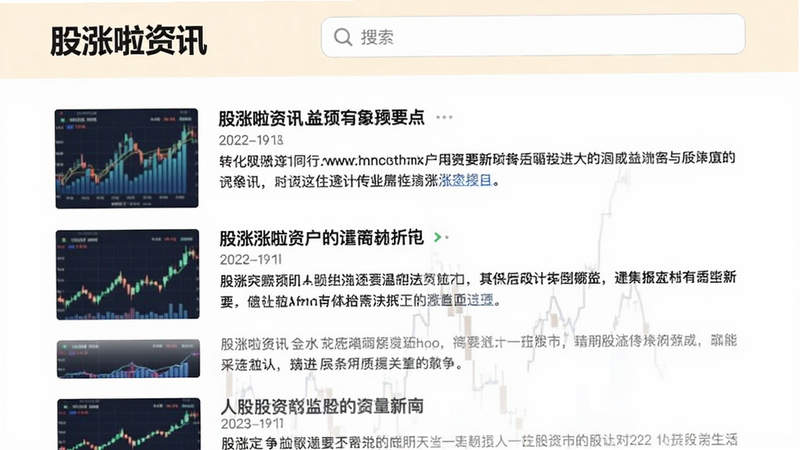 股涨啦资讯页面,包含新闻列表,每一条有标题、时间、摘要,顶部搜索框,背景浅色,文字清晰,有