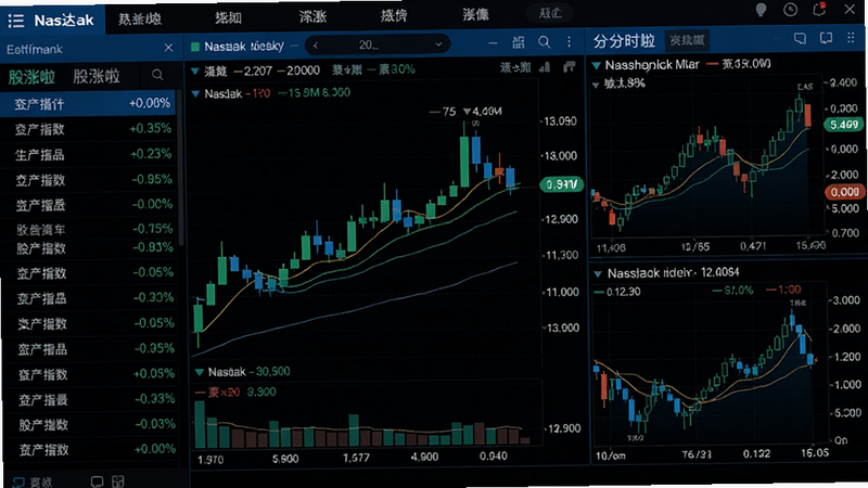 股涨啦实时行情界面,展示美股纳斯达克指数K线图,左侧股票列表,右侧分时图,布局规整,蓝黑配色,细节有买卖五档数据,画质高清。