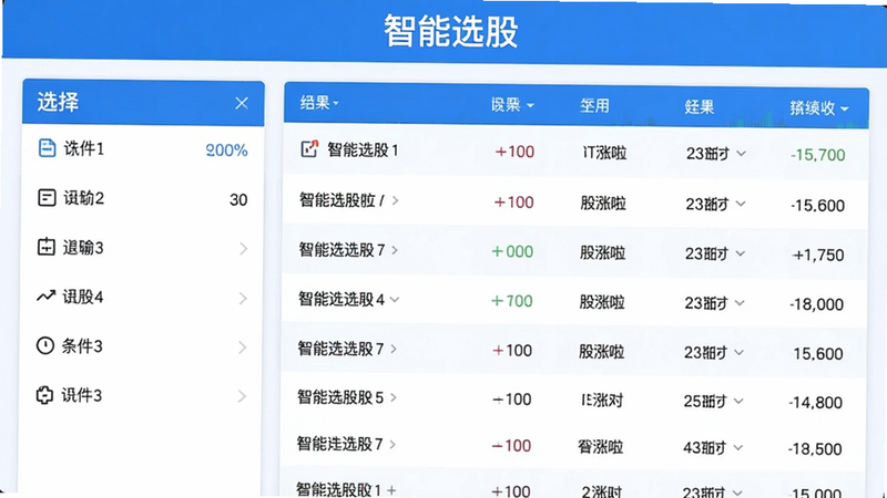 股涨啦智能选股功能截图,左侧选股条件面板,右侧显示筛选结果列表,顶部有