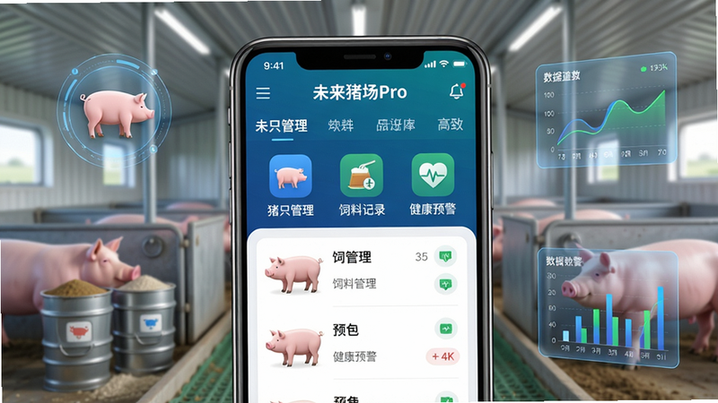 主体:一个智能手机屏幕展示“未来猪场Pro”主界面,背景是现代化猪舍内部。布局:手机居中,周围有猪只图标、饲料桶、数据图表等元素。排版:手机界面显示清晰的菜单栏和猪只列表。风格:科技感与农业结合,明亮干净。细节:手机屏幕上的文字需包含“未来猪场Pro”标题,以及几个功能图标如“猪只管理”、“饲料记录”、“健康预警”。画质:4K超清,真实渲染,无多余元素。