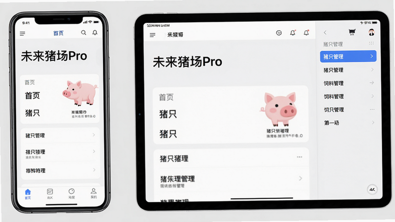 主体:一张手机屏幕和一张平板电脑屏幕并排放置,都显示“未来猪场Pro”的首页。布局:左侧手机屏幕显示底部导航栏,右侧平板显示侧边栏。排版:两个屏幕大小对比明显。风格:简洁科技风,背景为浅灰。细节:手机屏幕上的文字有“首页”、“猪只”等,平板屏幕侧边栏列出“猪只管理”、“饲料管理”等。画质:4K,干净无多余元素。
