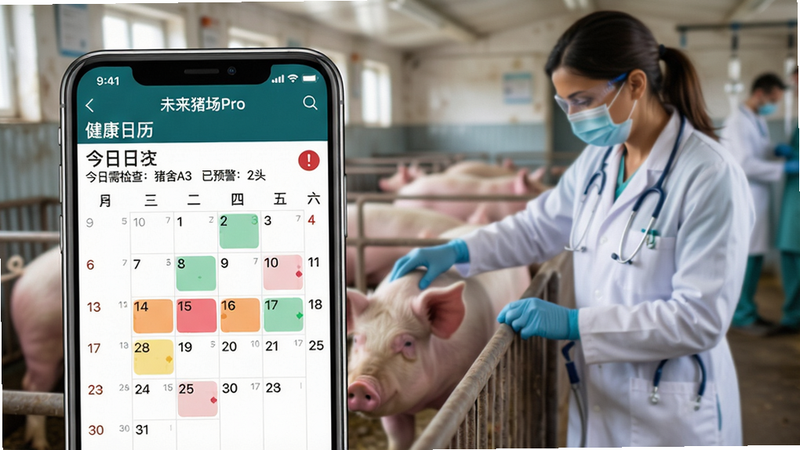主体:手机屏幕上显示“未来猪场Pro”的健康日历界面,背景是兽医在检查猪只。布局:手机在前景,背景虚化。排版:日历界面以周视图显示,不同颜色标记健康状态。风格:专业医疗感,清晰直观。细节:手机屏幕上的文字有“健康日历”、“今日需检查: 猪舍A3”、“已预警: 2头”。画质:超清,干净。