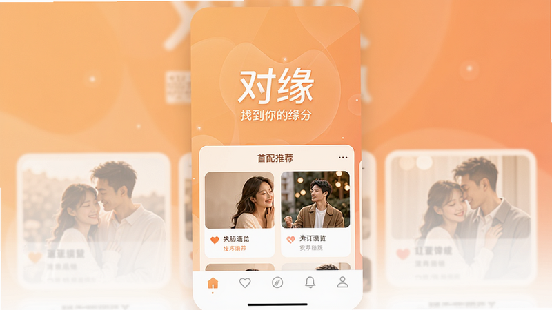 对缘APP主界面预览,展示首页匹配推荐卡片和底部导航栏,暖色调背景,简洁现代风格,界面中央显示'对缘'logo和'找到你的缘分'文字,画质清晰,干净整洁,无多余元素