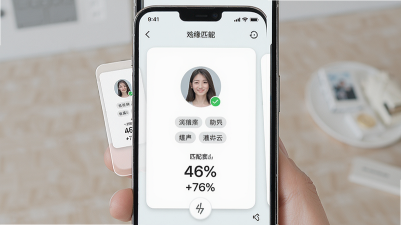 对缘智能匹配功能界面截图,手机竖屏,展示用户滑动卡片和匹配百分比,卡片上显示头像和标签,布局居中,风格清新,细节包括匹配度数字,画质高清,干净