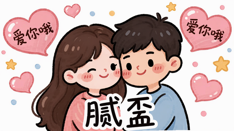 主体:一对卡通情侣依偎在一起,背景是粉色心形气泡和星星,软件名称“腻歪”以手写体居中下方,布局:居中对称,排版简洁,风格:可爱手绘风,细节:情侣表情甜蜜,气泡上有“爱你哦”文字,画质:高清干净,无多余元素。