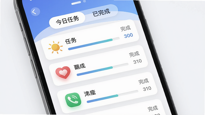 主体:手机界面展示情侣任务列表,有“今日任务”“已完成”标签,列表项带小图标(太阳、爱心、电话),布局:竖屏列表式,排版:简洁卡片,风格:现代UI风,细节:进度条显示完成度,画质:干净。