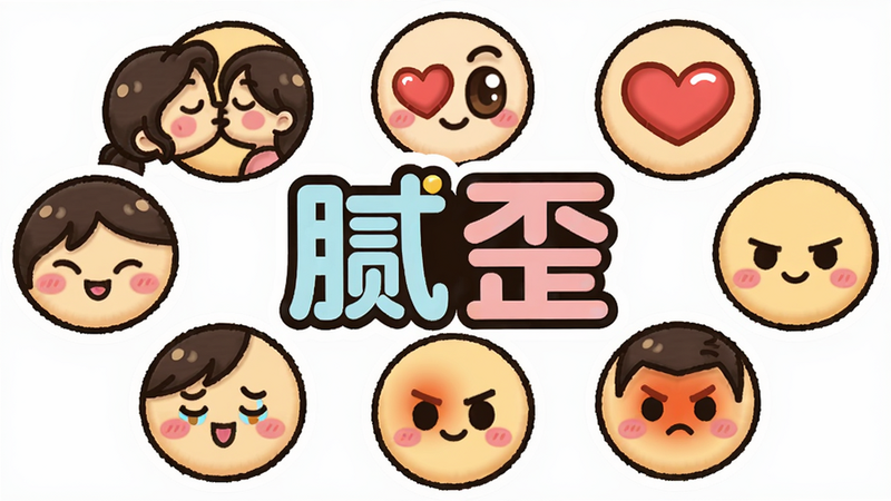 主体:多个圆形卡通表情包围绕中心“腻歪”Logo,表情包上有不同情侣表情(亲亲、比心、生气),布局:圆形放射性排列,排版:网格状,风格:可爱Q版,细节:每个表情包边缘有白色描边,画质:高清,干净背景。
