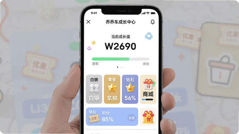主体为手机屏幕展示乔乔车成长中心页面,中央显示当前成长值数字及进度条,下方列出等级权益卡片,如