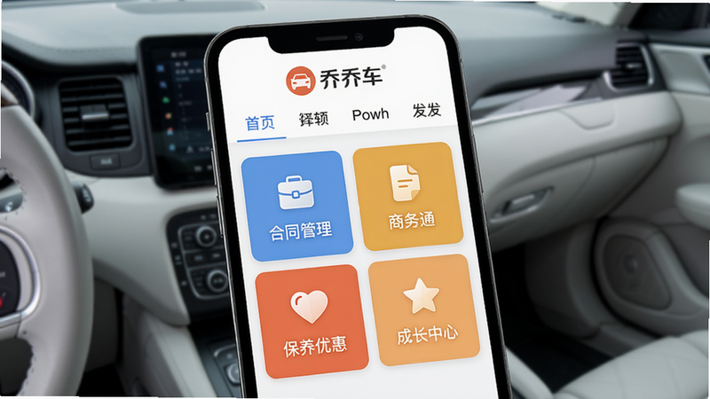 主体为一部智能手机屏幕展示乔乔车APP主界面,布局上方有