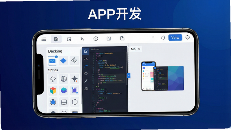 画面中心展示一款名为“APP开发”的软件界面,主体是一个手机屏幕,屏幕内显示可视化编辑器,左侧有组件工具箱,右侧是实时预览区域。布局为上下结构,顶部是工具栏和“APP开发”字样。风格科技感、扁平化,背景深蓝渐变。细节包括代码片段高亮、组件图标清晰。画质4K、干净无多余元素。