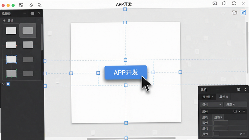 展示“APP开发”软件中的拖拽设计界面,主体是一个空白画布上正在被拖拽的按钮组件,周围有对齐辅助线。布局为左上角组件列表,中央画布,右下角属性面板。风格简洁明亮,细节包括鼠标光标、组件阴影。画质高清、干净无多余元素。