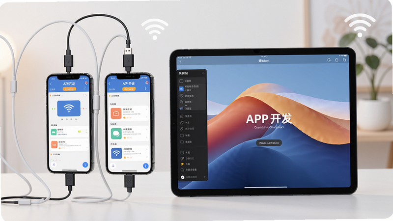 展示“APP开发”软件在手机和电脑并排使用的场景,主体为两部手机和一个平板,屏幕上分别显示编辑界面和预览效果。布局为左中右排列,背景柔和。风格现代化、干净,细节包括USB连接线、WiFi图标。画质超清、无多余元素。