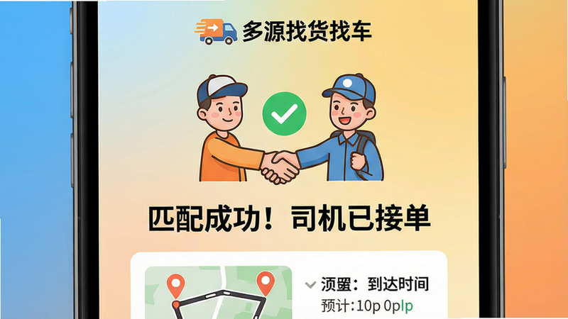 主体:手机屏幕显示一个订单匹配成功页面,上方有“多源找货找车”logo,中间是两个卡通人物(货主和司机)握手图标,下方显示“匹配成功!司机已接单”字样,并有路线简图和预计到达时间。布局:居中对称,图标突出,文字大号。排版:简洁明了,关键信息突出。风格:卡通与扁平结合,温馨活泼。细节:握手图标带绿色对勾,背景渐变。画质:1080p,干净无多余元素。