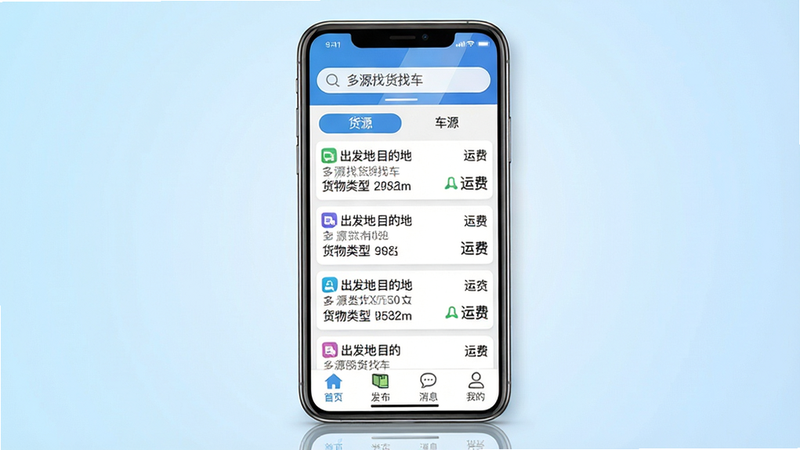 主体:一部智能手机屏幕显示多源找货找车APP主界面,上方搜索栏有“多源找货找车”字样,中间为货源列表和车源列表切换标签,每个列表条目包含出发地、目的地、货物类型、运费等关键信息,底部导航栏有首页、发布、消息、我的四个图标。布局:居中构图,手机占画面主要部分,背景为浅蓝色渐变。排版:列表文字清晰易读,图标简约。风格:扁平化设计,色彩明亮,商务科技感。细节:屏幕反光效果,按钮有微阴影。画质:4K超清,干净无多余元素。