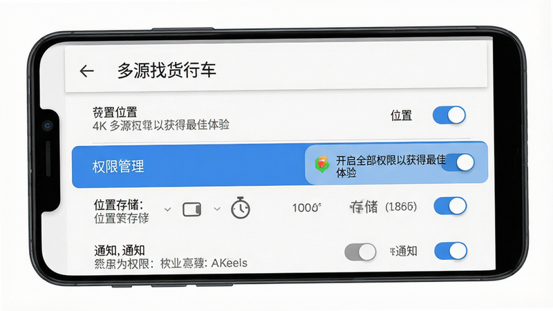 主体:一张手机横屏截图,展示多源找货找车APP的“设置”页面,其中“权限管理”选项高亮,包括位置、存储、通知等开关,旁边有文字提示“开启全部权限以获得最佳体验”。布局:中心构图,手机屏幕清晰显示设置列表。排版:文字对齐,开关控件醒目。风格:Android Material Design风格,白色背景。细节:每个权限右侧有说明小字,顶部有返回箭头。画质:4K,干净无多余元素。