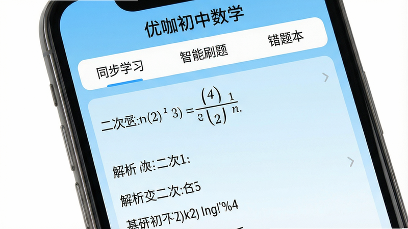 一张智能手机屏幕截图,展示“优咖初中数学”应用主界面,顶部有“同步学习”“智能刷题”“错题本”导航按钮,中间显示一道二次函数题及解析,背景为浅蓝色渐变,整体布局简洁清晰,画质高清,干净无多余元素