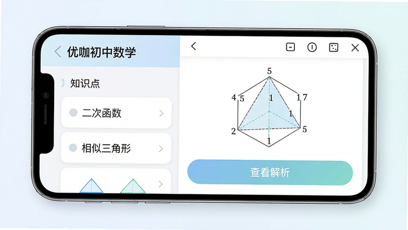 智能手机屏幕显示“优咖初中数学”的智能刷题界面,左侧是知识点列表(如二次函数、相似三角形),右侧是题目区域,一道几何题下方有“查看解析”按钮,整体简约,色彩柔和,画质清晰,干净无多余元素